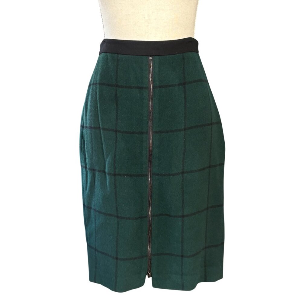 Akris Punto Green and Black Windowpane Skirt wool size US 8 M zipper Italy